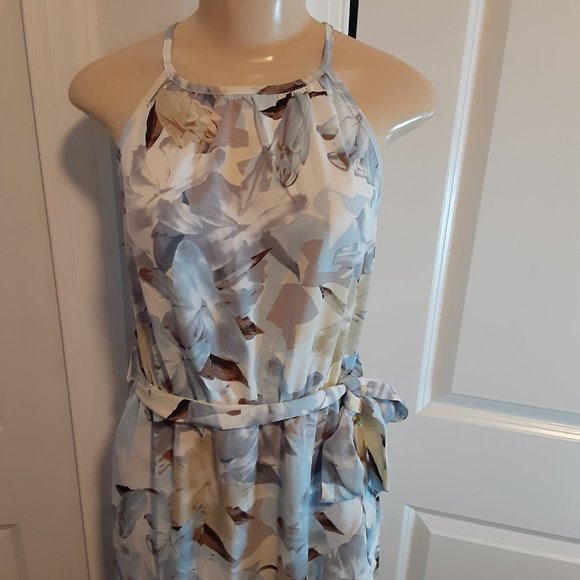 Pastel Blue Floral Wrap & Ruffled Halter Neck Sleeveless Belted Dress - Picture 7 of 15
